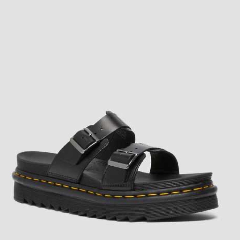 Dr. Martens Unisex Myles Leather Buckle Black Slide Sandals, unisex 9M 10W